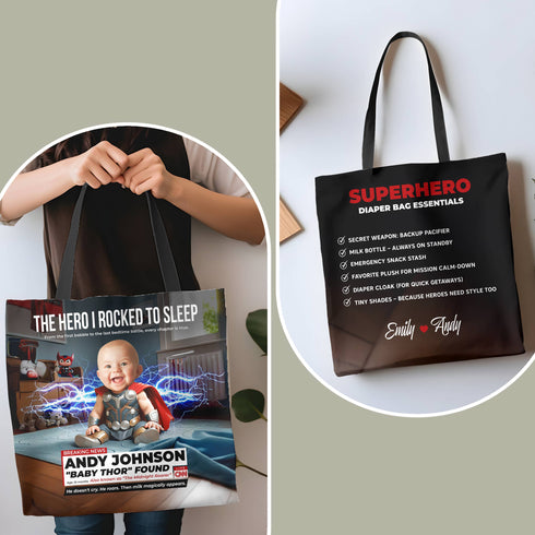 Personalized Baby Thor Superhero Tote Bag – Custom Photo, Name & Funny Message for Mom